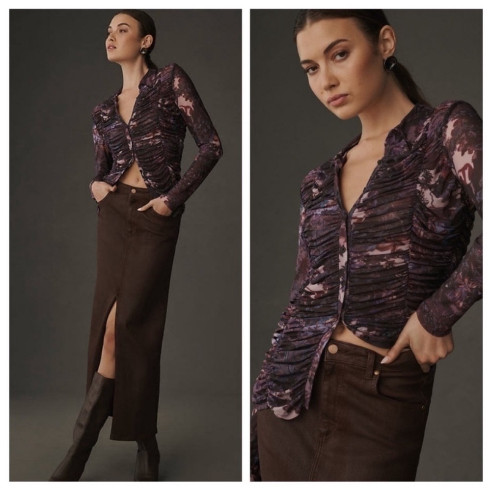 Pilcro Anthropologie Top Womens Small Purple Sheer Button Up Nylon‎ Fairy Grunge